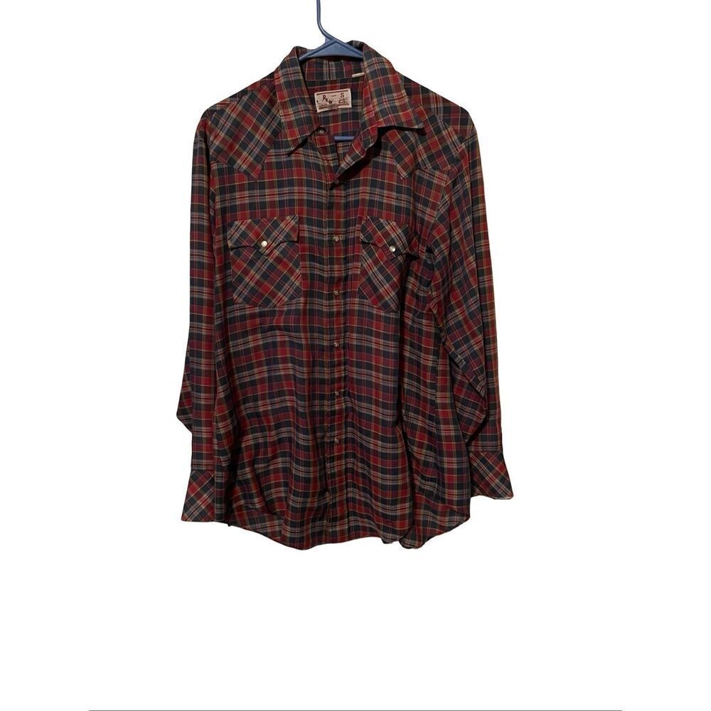 Vintage R Bar S Mens Red Gray Plaid Pearl Snap Button Up Western Shirt Size 16.5